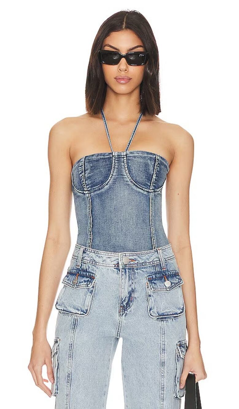Revolve SUPERDOWN Sydney Halter Top in Denim Dark Blue Wash Size L NWT